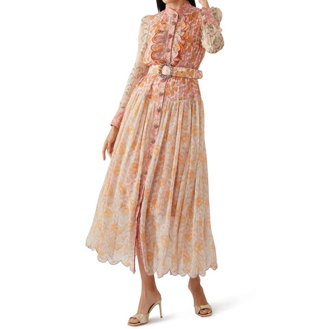 Floral Splicing Long Sleeve Midi Dress With Belt