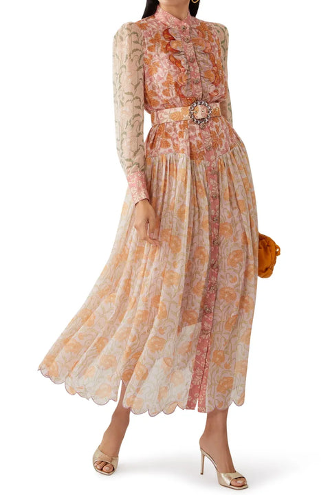 Floral Splicing Long Sleeve Midi Dress With Belt