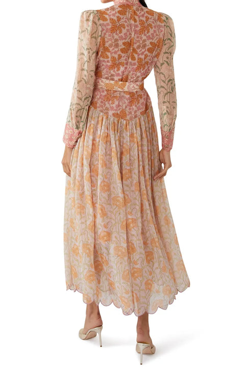 Floral Splicing Long Sleeve Midi Dress With Belt