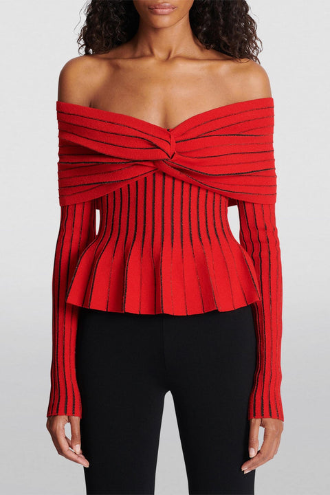 Knit Stripe Ruched Off-Shoulder Top