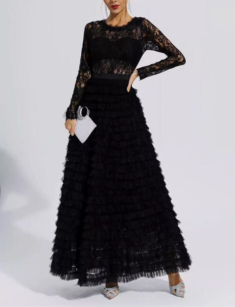 Jayleen Black Hollow Lace A-line Maxi Dress