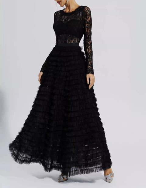Jayleen Black Hollow Lace A-line Maxi Dress