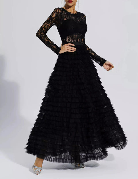 Jayleen Black Hollow Lace A-line Maxi Dress