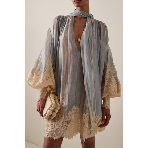 Lace Stripe Lantern Sleeve Mini Dress