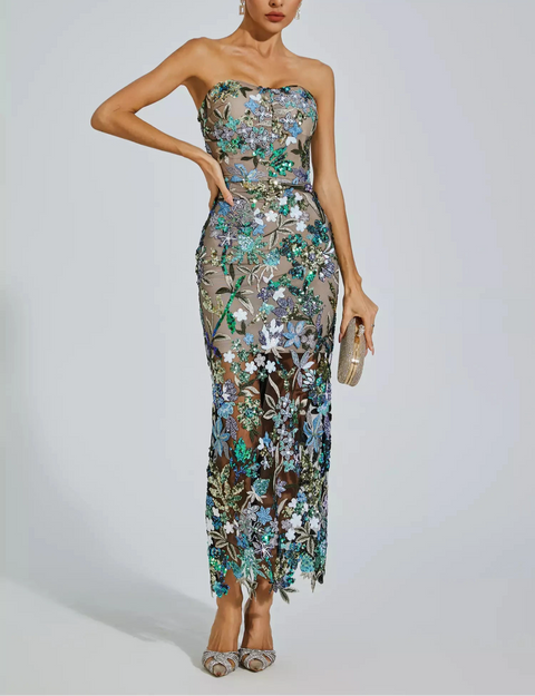 Leanna Blue Flower Embroidered Maxi Dress