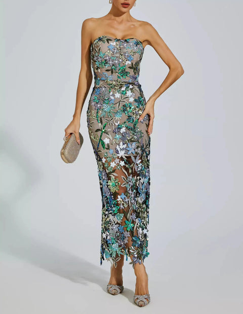 Leanna Blue Flower Embroidered Maxi Dress