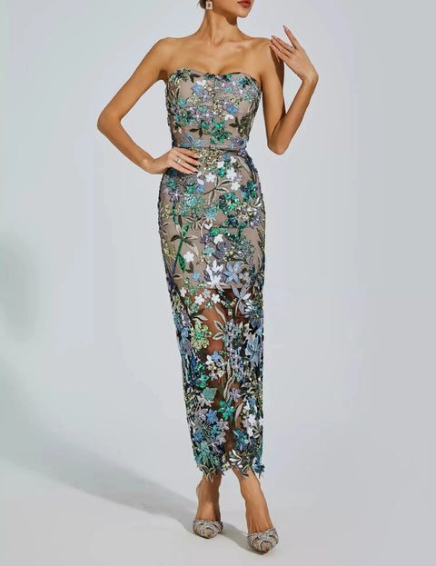 Leanna Blue Flower Embroidered Maxi Dress