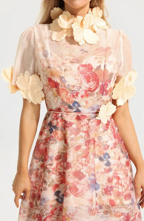 Floral Round Neck Lace Up Short Sleeve Midi Dress