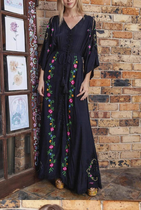 Boho Floral Embroidered Maxi Dress