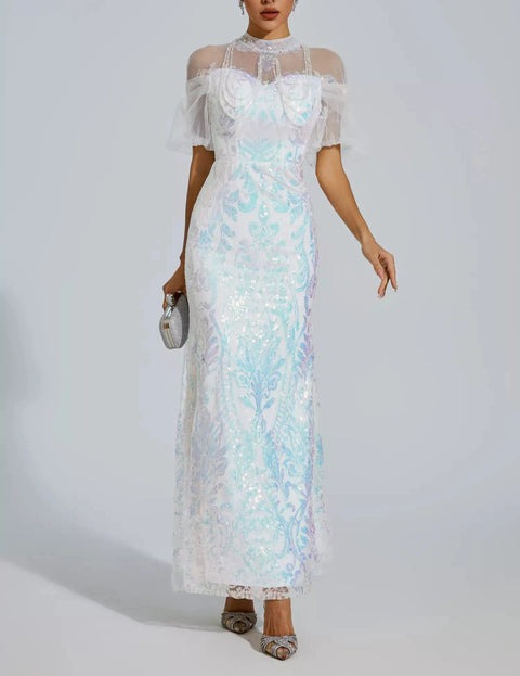 Robin White Mesh Maxi Sequin Dress