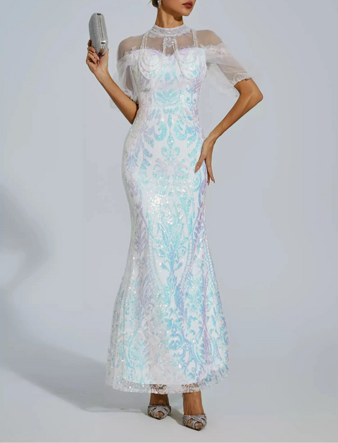 Robin White Mesh Maxi Sequin Dress