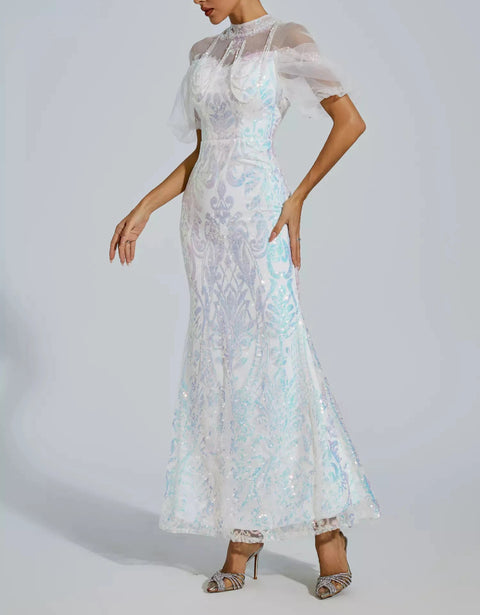 Robin White Mesh Maxi Sequin Dress