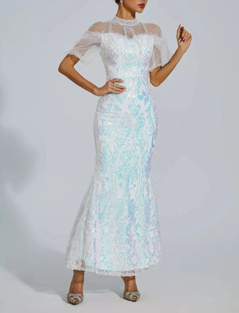 Robin White Mesh Maxi Sequin Dress