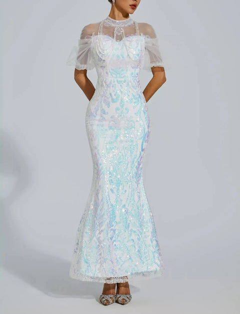 Robin White Mesh Maxi Sequin Dress