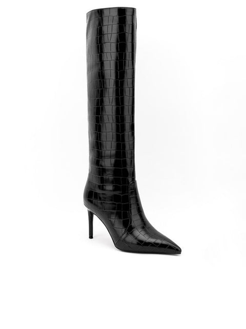 Stone Pattern Pointed Toe Leather Boot