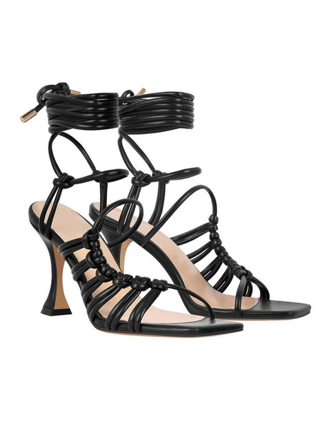 Lace Up Square Toe Leather Sandal