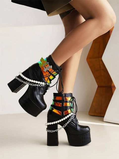 Side Zipper Platform Block Heel &Ankle Boots